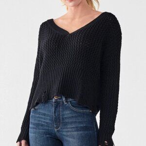 Womens DL1961 Freeman Black Cotton Distressed Chunky Knit V-Neck Sweater M
